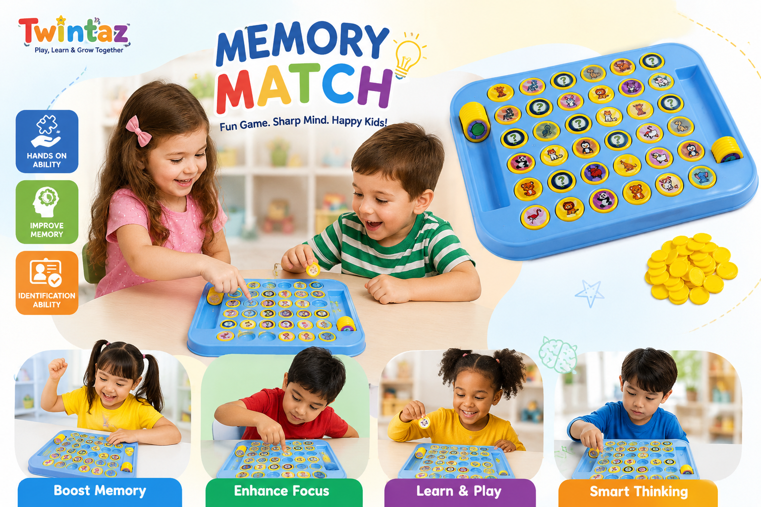 Memory Chess Flip & Match Game for Kids & Adults – Montessori Matching Board Game with Animal & Fruit Tokens, Brain Development & Memory Exercise STEM Toy for All Ages (3+)