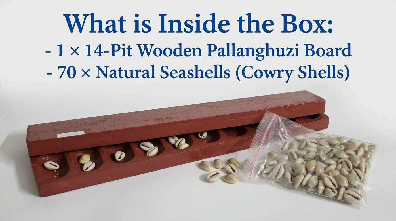 Twintaz Vamana Guntalu / Pallanghuzi / Mancala Wooden Board Game – 14 Pit Hardwood Board with 70 Natural Seashells & Storage Bag | Traditional Indian Strategy Game | Family Educational Board Game for Kids & Adults - Image 3