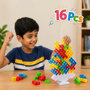 Twintaz Tetra Tower Balance Game – 16 Colorful Stacking Blocks with Tower Stand | Educational Balance Building Game | Family Party Game for Kids & Adults | Montessori STEM Toy | 2–5 Players