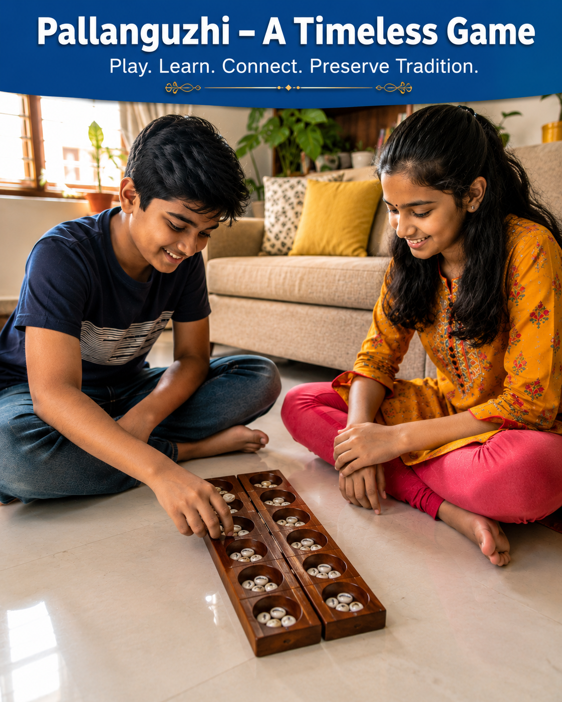 Twintaz Vamana Guntalu / Pallanghuzi / Mancala Wooden Board Game – 14 Pit Hardwood Board with 70 Natural Seashells & Storage Bag | Traditional Indian Strategy Game | Family Educational Board Game for Kids & Adults - Image 2