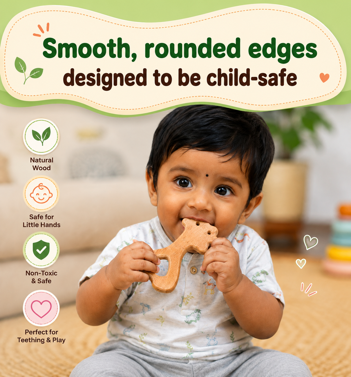 TWINTAZ Wooden Bear Rattle for Babies | Natural Soft Pine Wood Baby Rattle | Baby’s First Toy for Grasping, Shaking & Sensory Play | Hand-Eye Coordination & Fine Motor Skill Development | 1 Piece