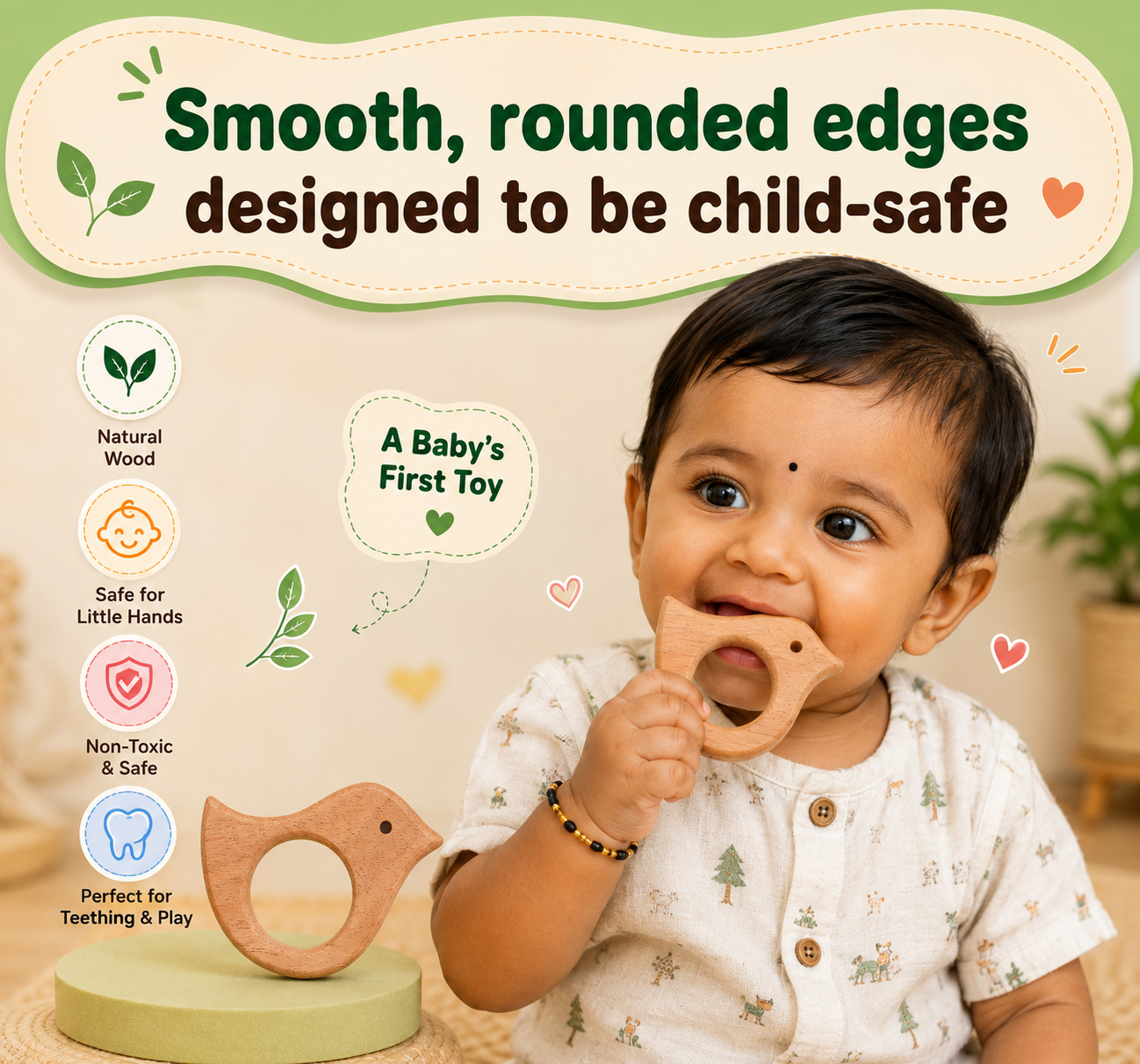TWINTAZ Wooden Sparrow Rattle for Babies | Natural Soft Pine Wood Baby Rattle | Baby’s First Toy for Grasping, Shaking & Sensory Play | Hand-Eye Coordination & Fine Motor Skill Development | 1 Piece
