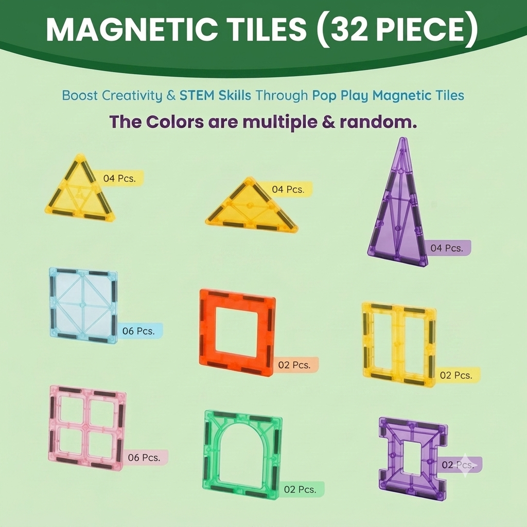 Magnetic Tiles Building Blocks Set – 32 Pieces | STEM & STEAM Educational Construction Toy for Kids | Creative Learning & Imagination Development | Multicolor Magnetic Blocks | Age 3+ - Image 6
