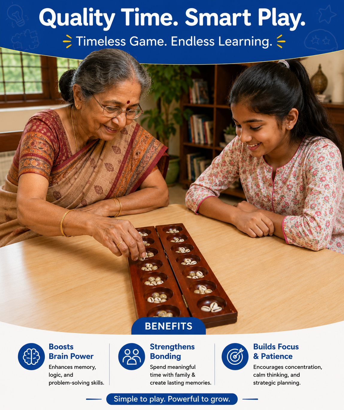 Twintaz Vamana Guntalu / Pallanghuzi / Mancala Wooden Board Game – 14 Pit Hardwood Board with 70 Natural Seashells & Storage Bag | Traditional Indian Strategy Game | Family Educational Board Game for Kids & Adults - Image 7