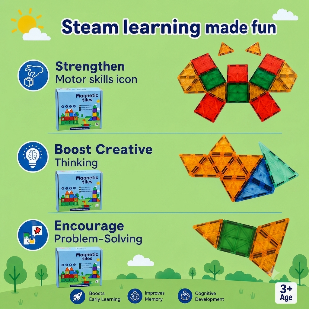 Magnetic Tiles Building Blocks Set – 32 Pieces | STEM & STEAM Educational Construction Toy for Kids | Creative Learning & Imagination Development | Multicolor Magnetic Blocks | Age 3+ - Image 7