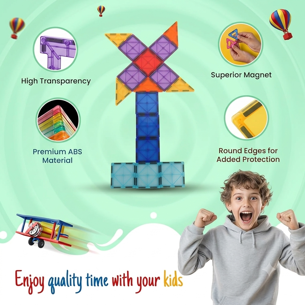 Magnetic Tiles Building Blocks Set – 32 Pieces | STEM & STEAM Educational Construction Toy for Kids | Creative Learning & Imagination Development | Multicolor Magnetic Blocks | Age 3+ - Image 9