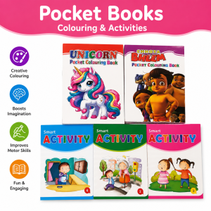 Kids Pocket Activity & Colouring Books | Random Assorted Set of 5 | 3 Activity Books + 2 Colouring Books | Maze, Number Counting & Find the Odd One Out | Travel-Friendly Educational Puzzle Books | Screen-Free Learning & Creative Fun | Age 3–8 Years
