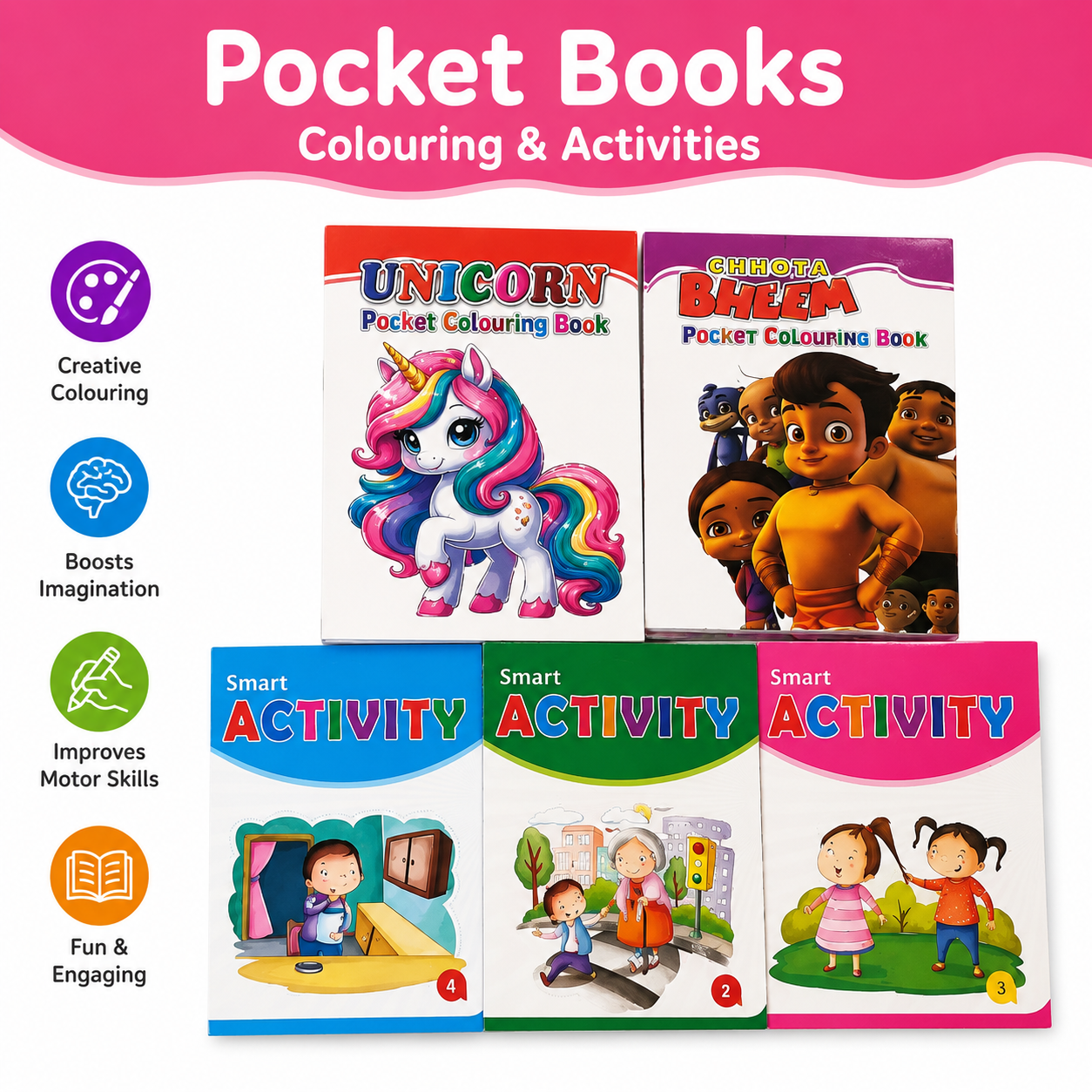 Kids Pocket Activity & Colouring Books | Random Assorted Set of 5 | 3 Activity Books + 2 Colouring Books | Maze, Number Counting & Find the Odd One Out | Travel-Friendly Educational Puzzle Books | Screen-Free Learning & Creative Fun