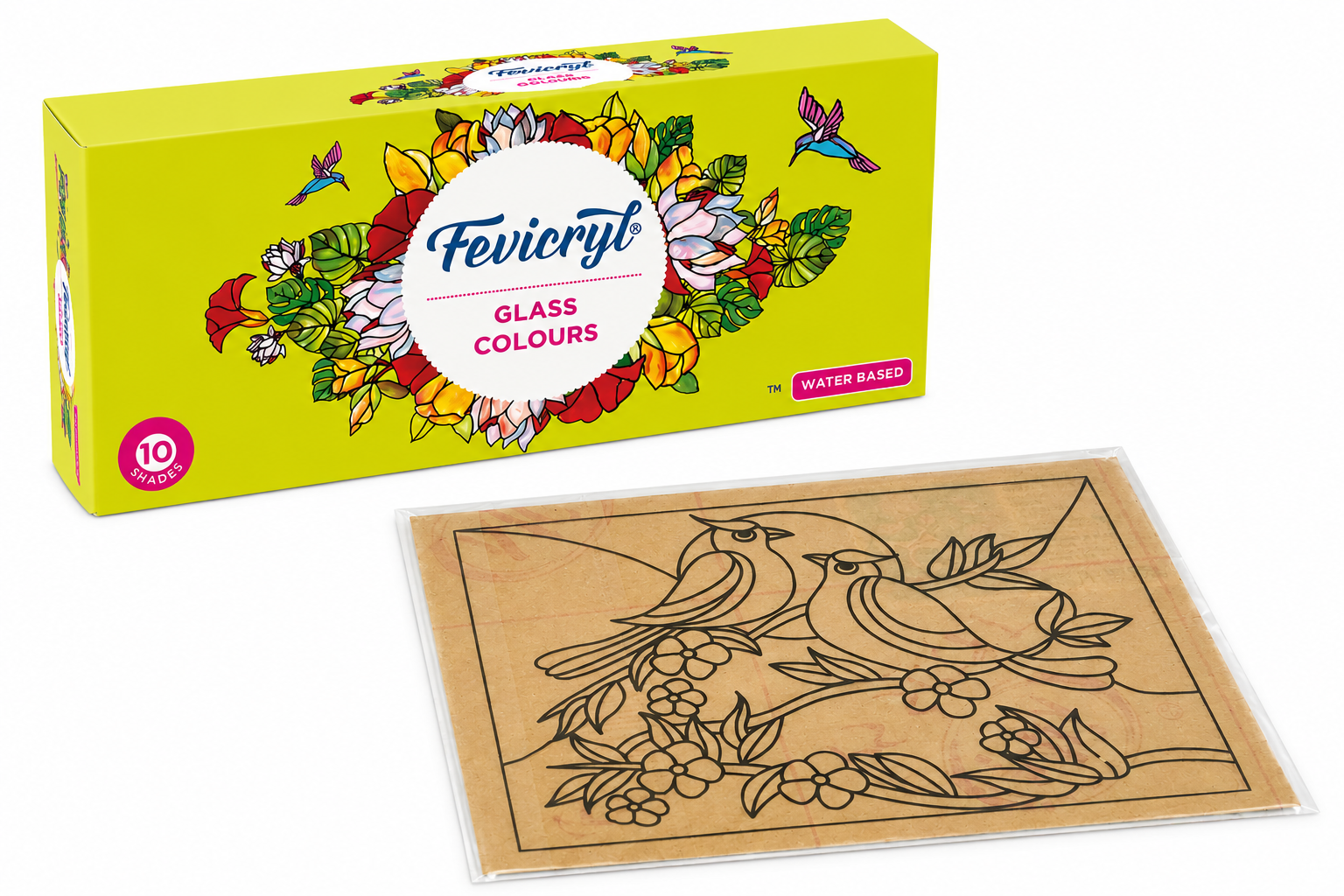 TWINTAZ’s DIY Fiberglass Painting Kit – Love birds Design (Medium, 7.75 x 10.5 Inches) | Includes 10 Shades of FEVICRYL Glass Colours & 1 Outliner | DIY Art & Craft Set | Creative Active Gift for Kids and Adult