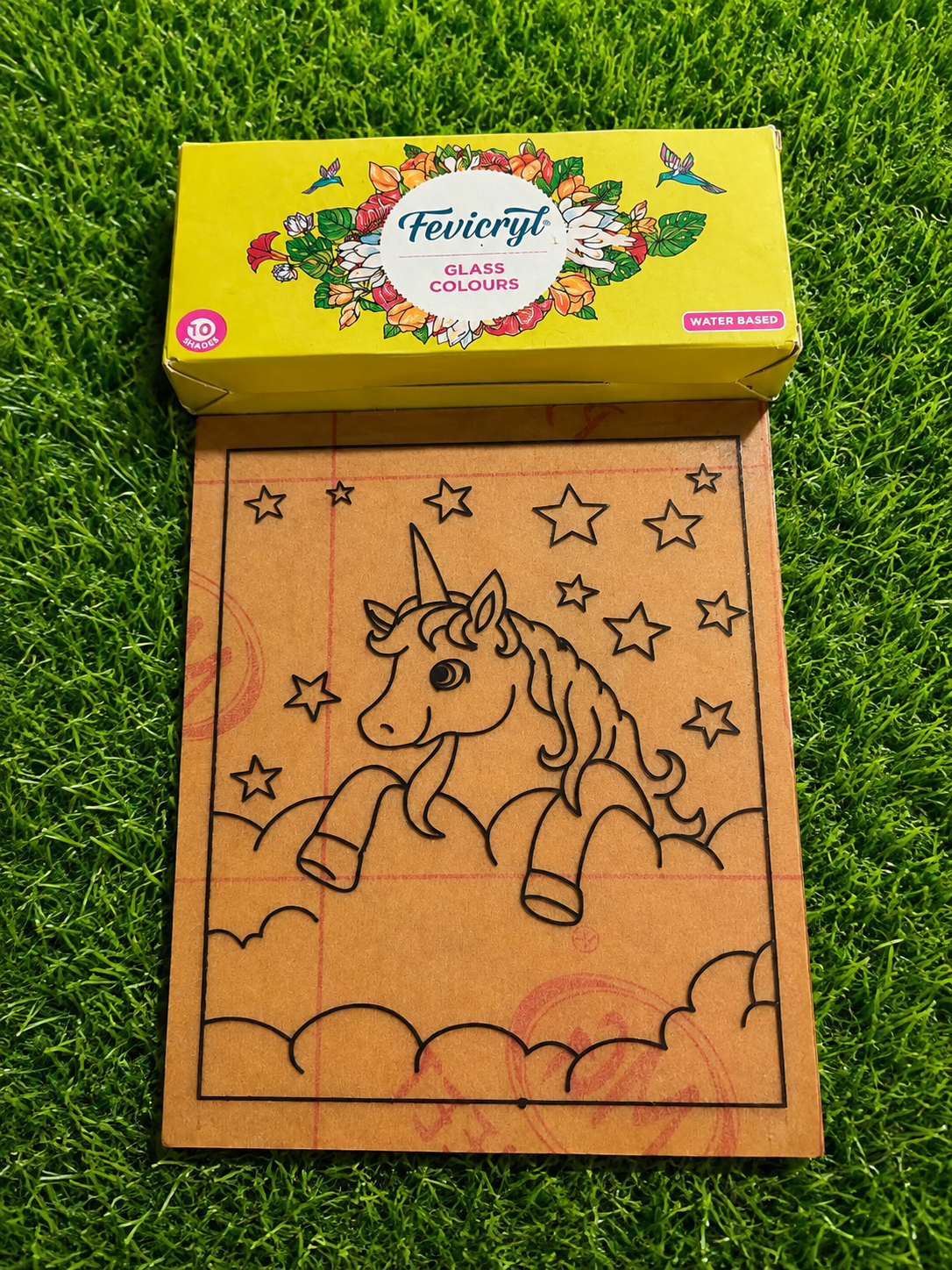 TWINTAZ’s DIY Fiberglass Painting Kit – Unicorn Design (Medium, 7.75 x 10.5 Inches) | Includes 10 Shades of FEVICRYL Glass Colours & 1 Outliner | DIY Art & Craft Set | Creative Active Gift for Kids and Adult