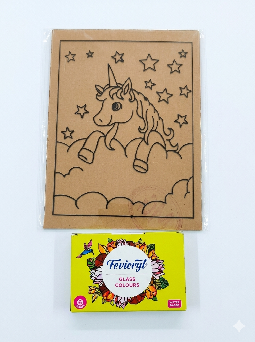 TWINTAZ’s DIY Fiberglass Painting Kit – Unicorn Design (Medium, 7.75 x 10.5 Inches) | Includes 6 Shades of FEVICRYL Glass Colours & 1 Outliner | DIY Art & Craft Set | Creative Active Gift for Kids and Adult